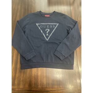 Guess Mens Navy Blue Crewneck Sweatshirt Pullover Logo Cotton Long Sleeve Sz XL